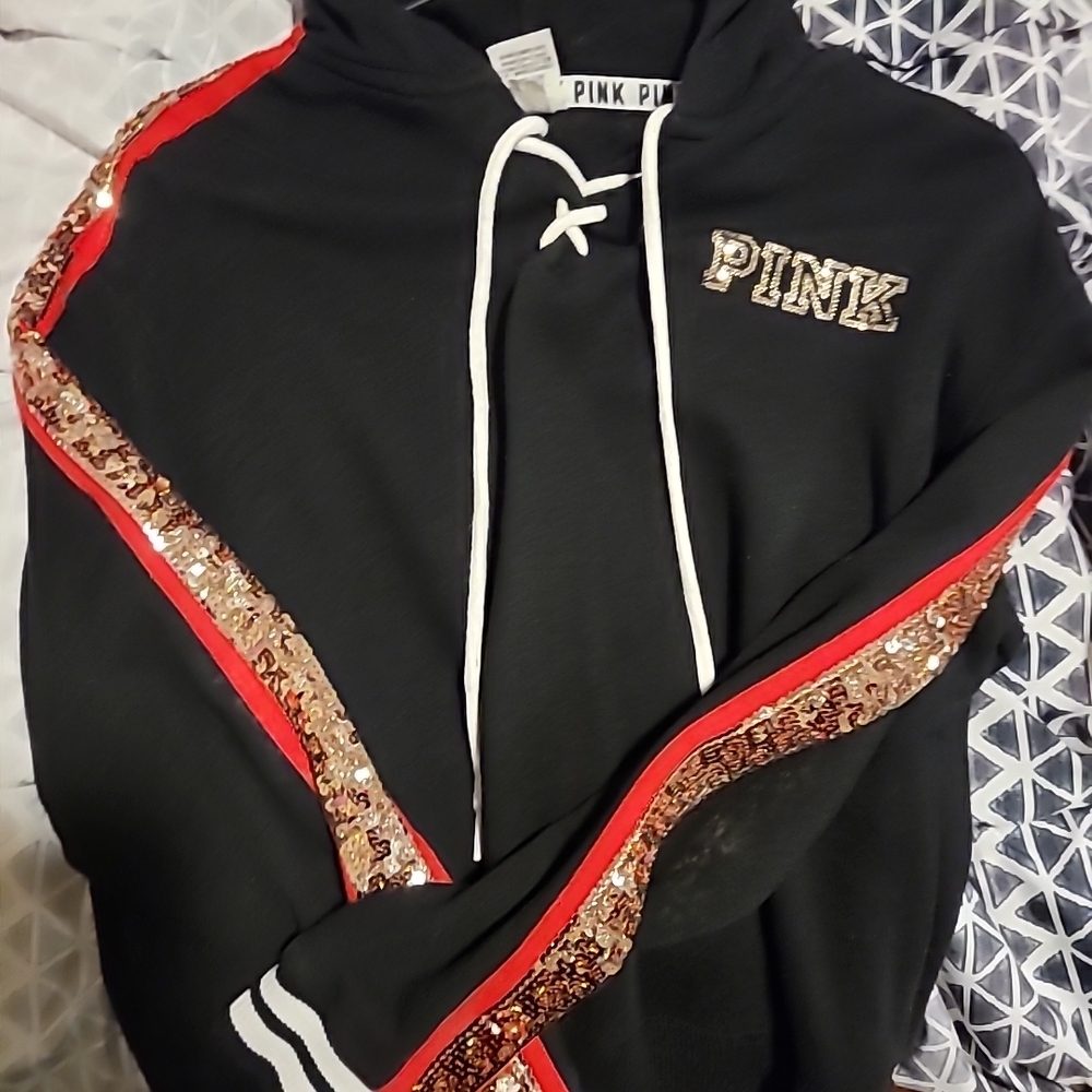 Victoria's Secret Black Hoodie with Red and Gold Sequins
